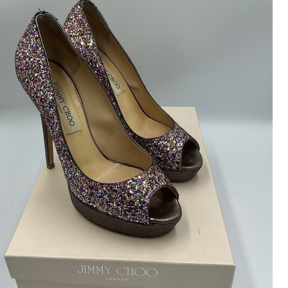Jimmy Choo Crown Multi Coarse Glitter Peep Toe Platform Pumps Heel 36.5 113CROWN